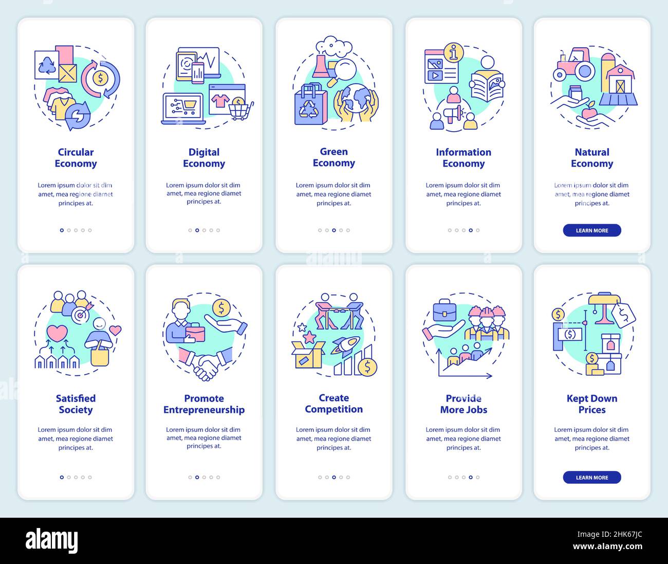 Economic systems onboarding mobile app screen set Stock Vector