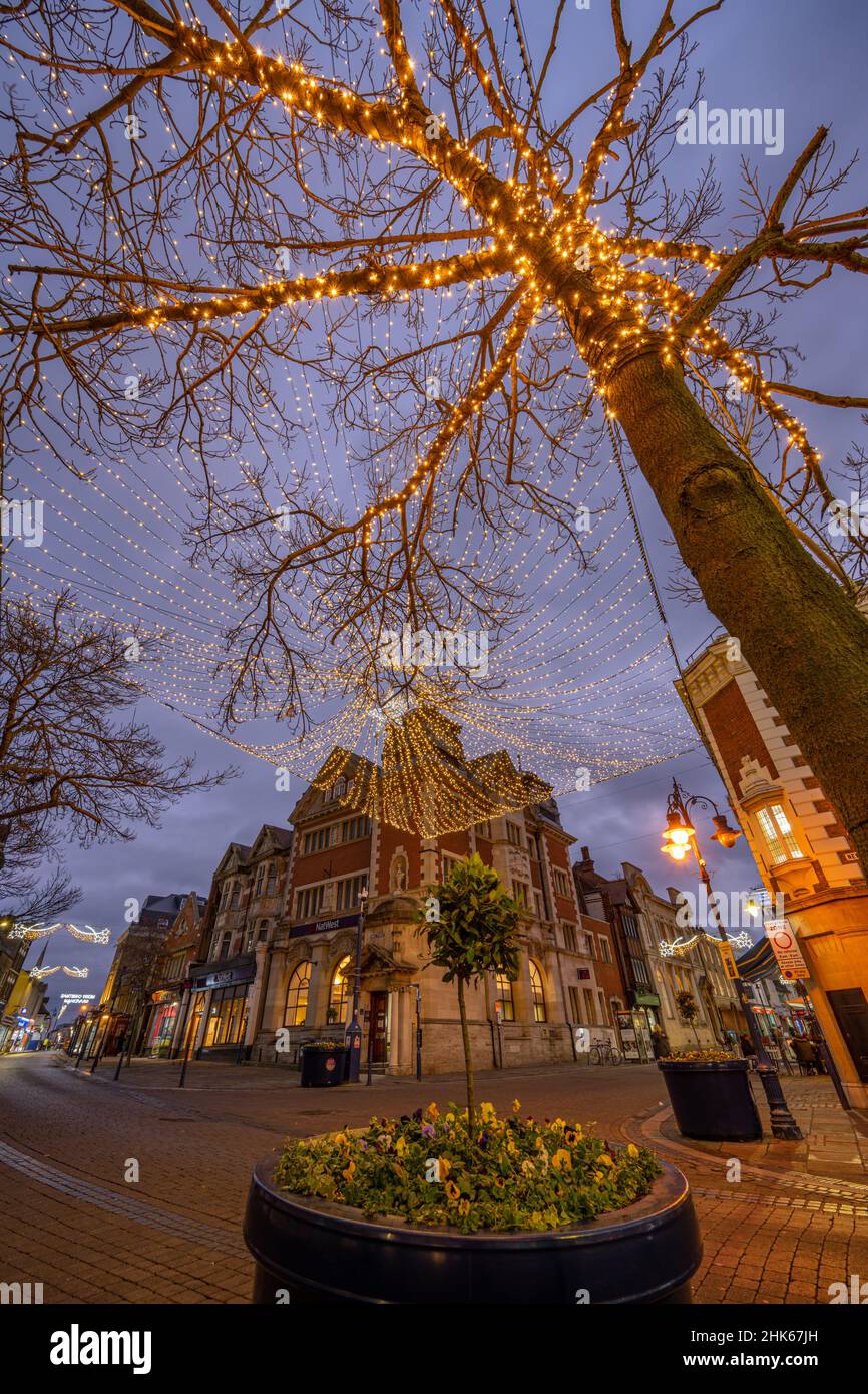 Christmas Lights on New Road in Gravesend town centre, Kent Stock Photo