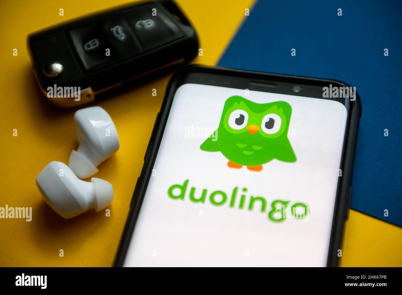 Poland. 01st Feb, 2022. In this photo illustration a Duolingo logo seen displayed on a smartphone. (Photo by Mateusz Slodkowski/SOPA Images/Sipa USA) Credit: Sipa USA/Alamy Live News Stock Photo
