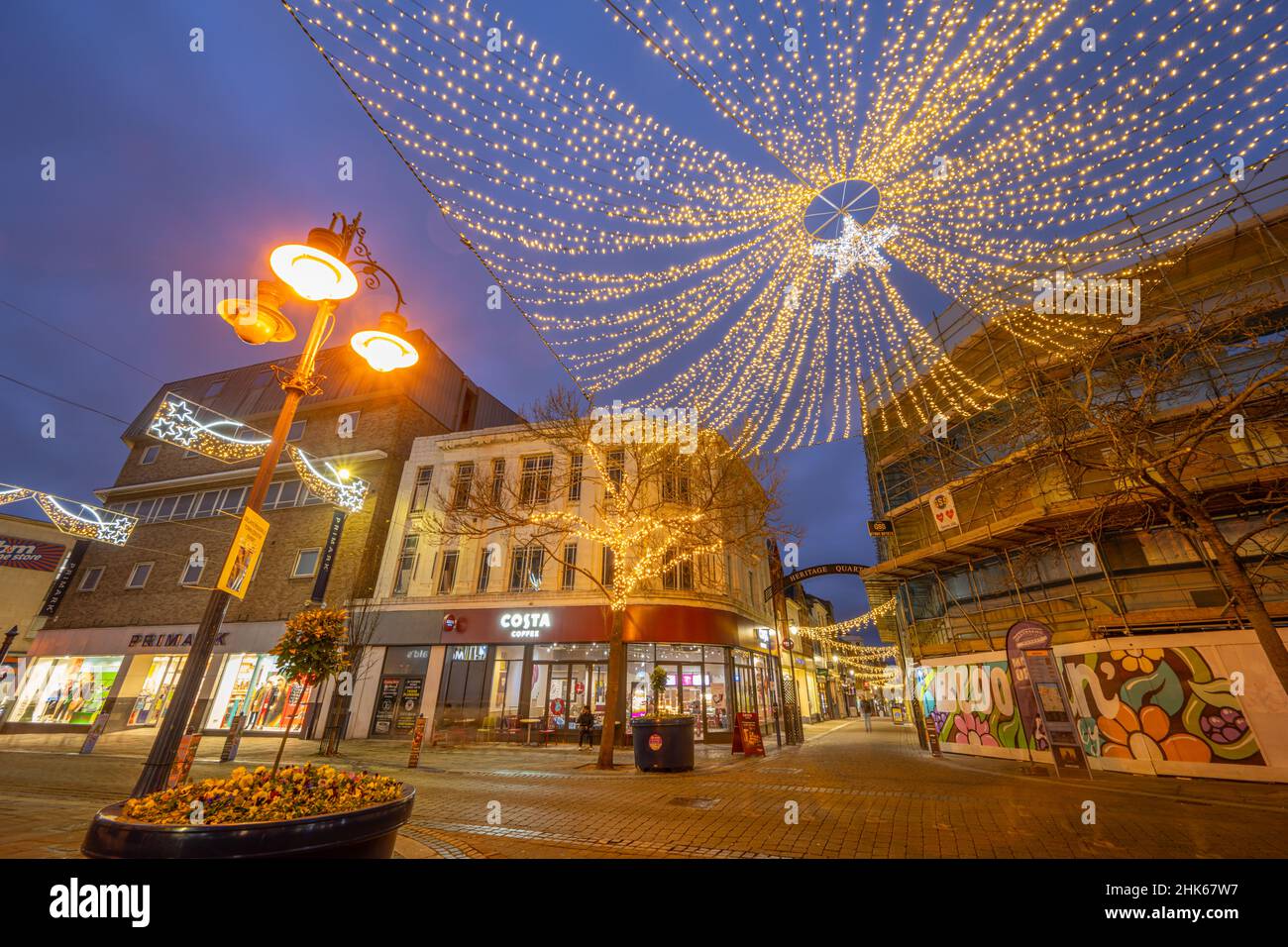 Christmas Lights on New Road in Gravesend town centre, Kent Stock Photo