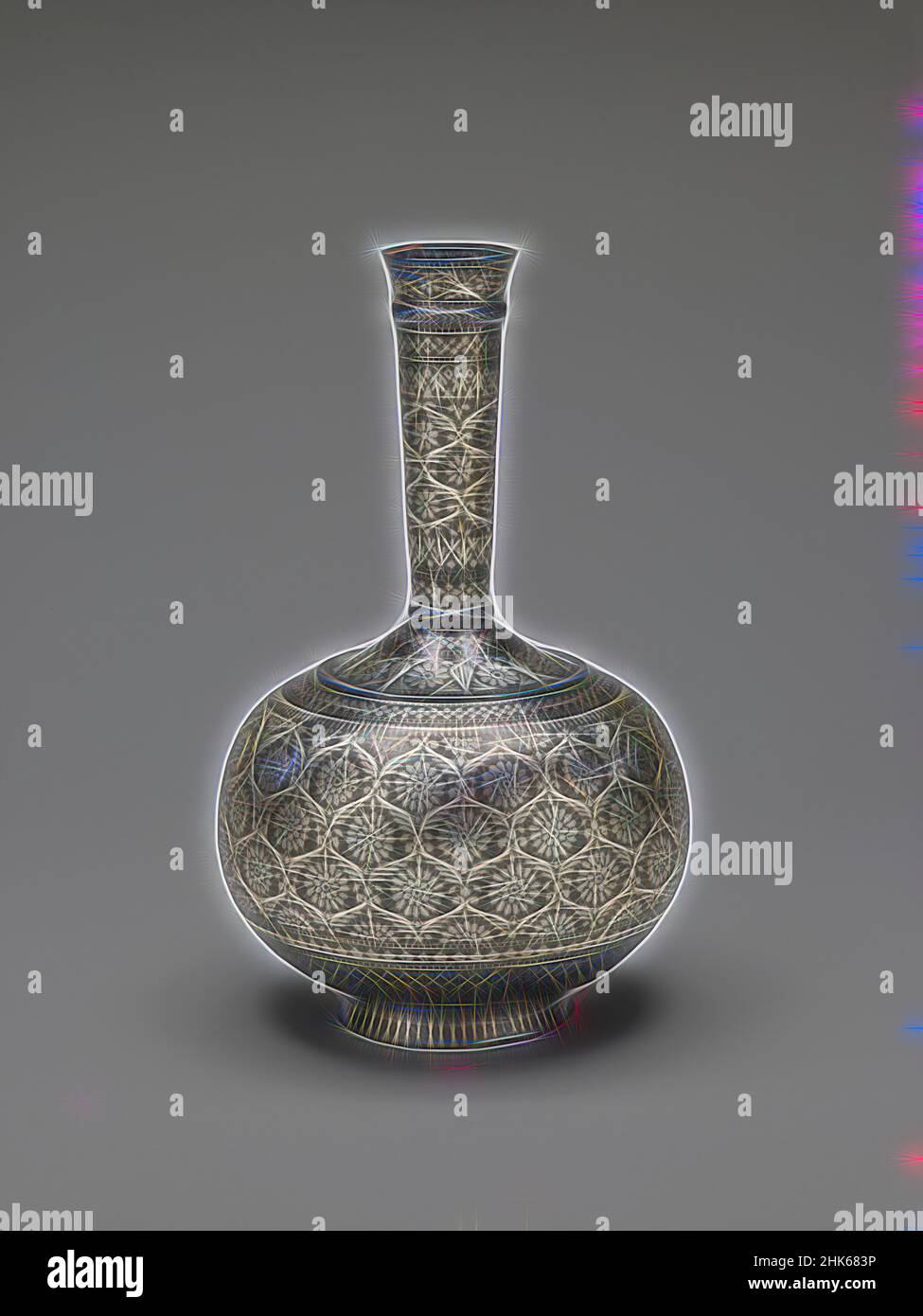 Inspired by Bottle, Indian, Mughal period, 1526–1858, 18th century, Zinc alloy with silver inlay, Bidar, Karnataka, India, Asia, Containers, metalwork, height: 10 7/8 in. (27.6 cm, Reimagined by Artotop. Classic art reinvented with a modern twist. Design of warm cheerful glowing of brightness and light ray radiance. Photography inspired by surrealism and futurism, embracing dynamic energy of modern technology, movement, speed and revolutionize culture Stock Photo