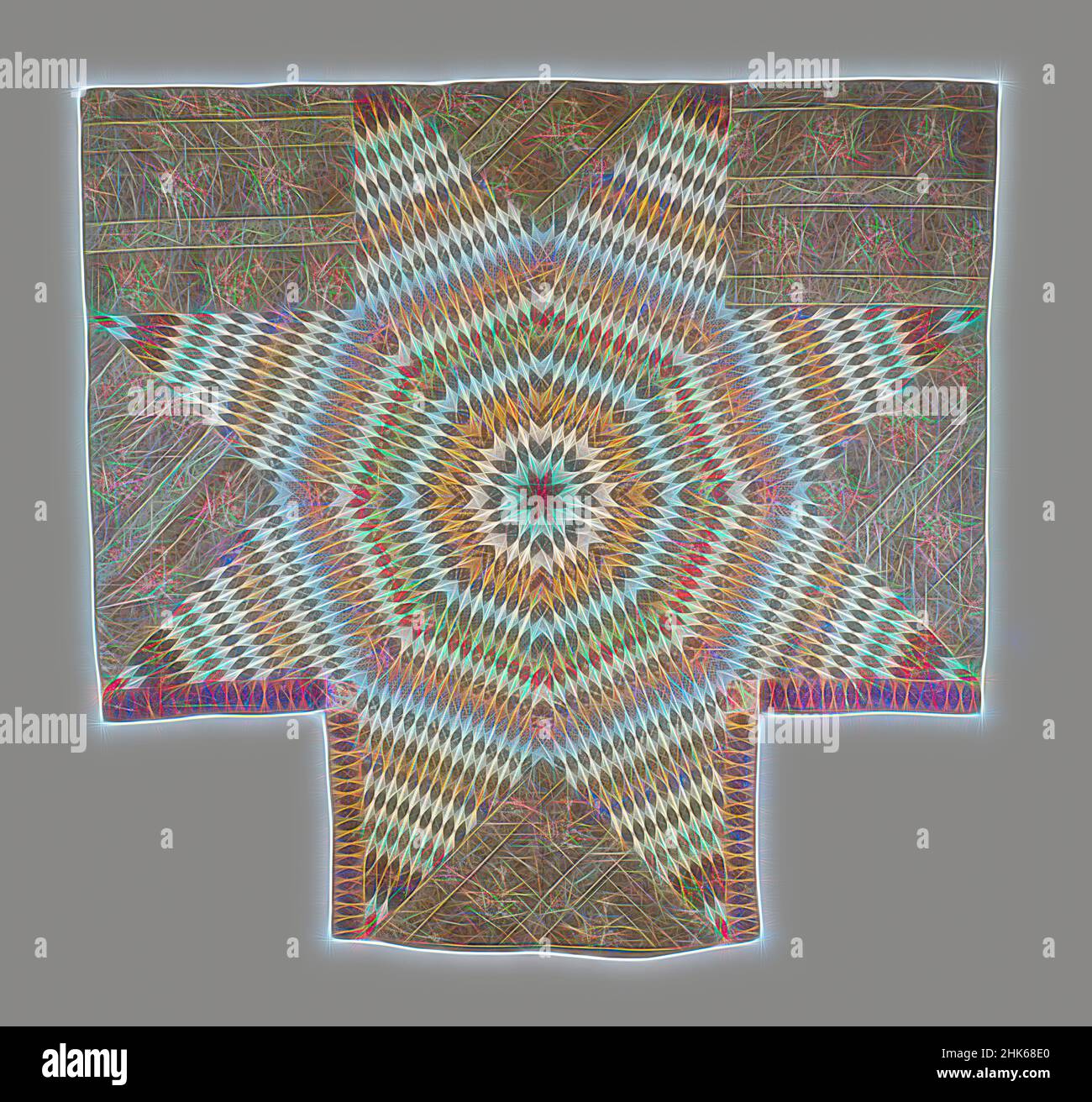 Inspired by Star Quilt, American, 1830s, Cotton, Made in United States, North and Central America, Coverings & hangings, textiles, 107 x 112 in. (271.8 x 284.5 cm, Reimagined by Artotop. Classic art reinvented with a modern twist. Design of warm cheerful glowing of brightness and light ray radiance. Photography inspired by surrealism and futurism, embracing dynamic energy of modern technology, movement, speed and revolutionize culture Stock Photo