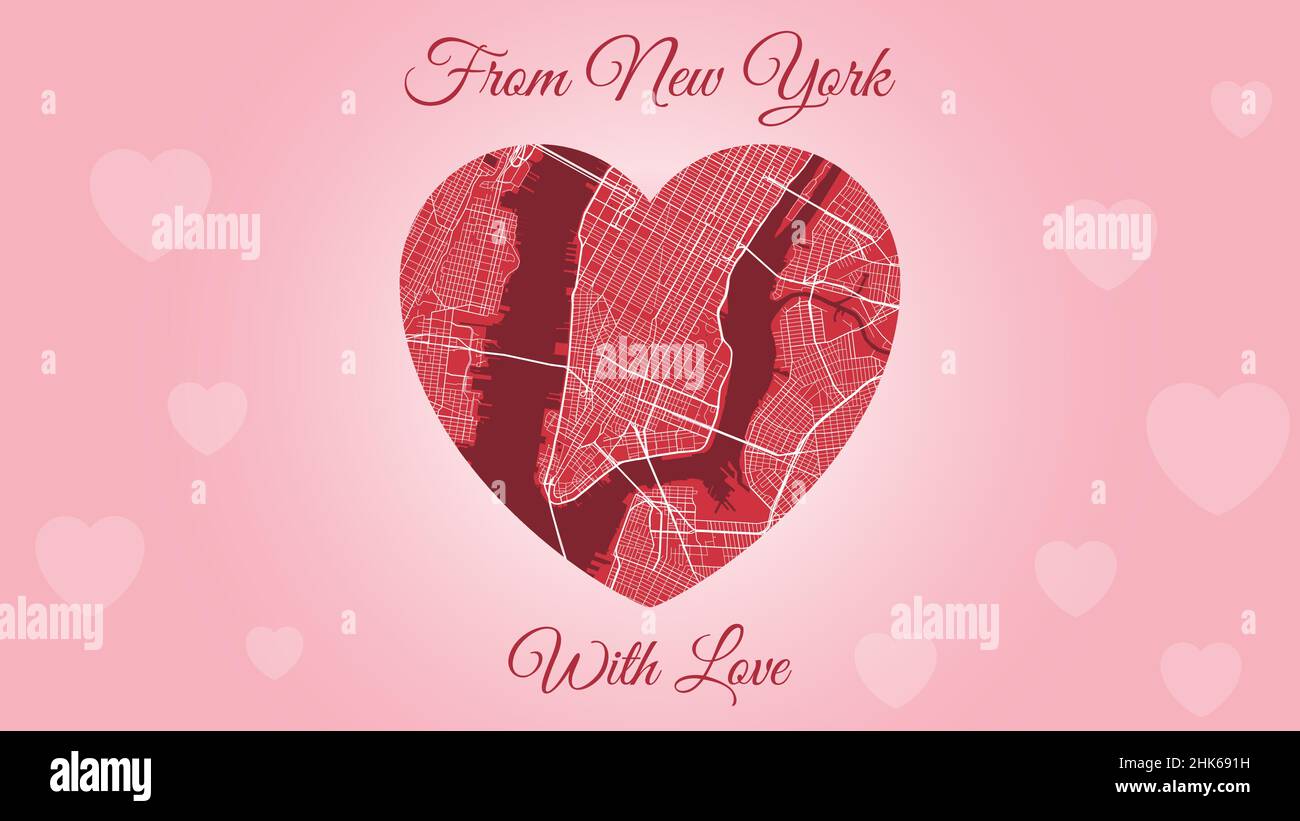 From New York City with love card, city map in heart shape. Horizontal Pink and red color vector illustration. Love city travel cityscape. Stock Vector