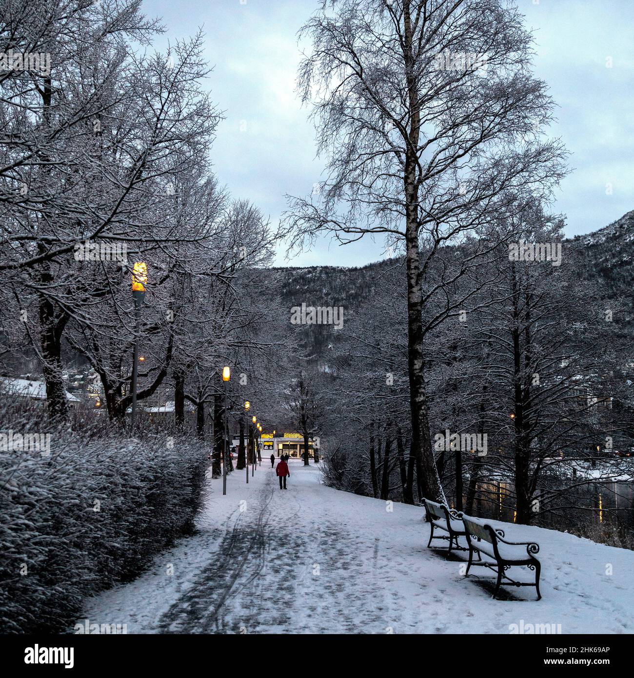 Winter at Tveitevannet lake, Sletten, Bergen, Norway. People walking along the path around the lake, a winter evening. Stock Photo