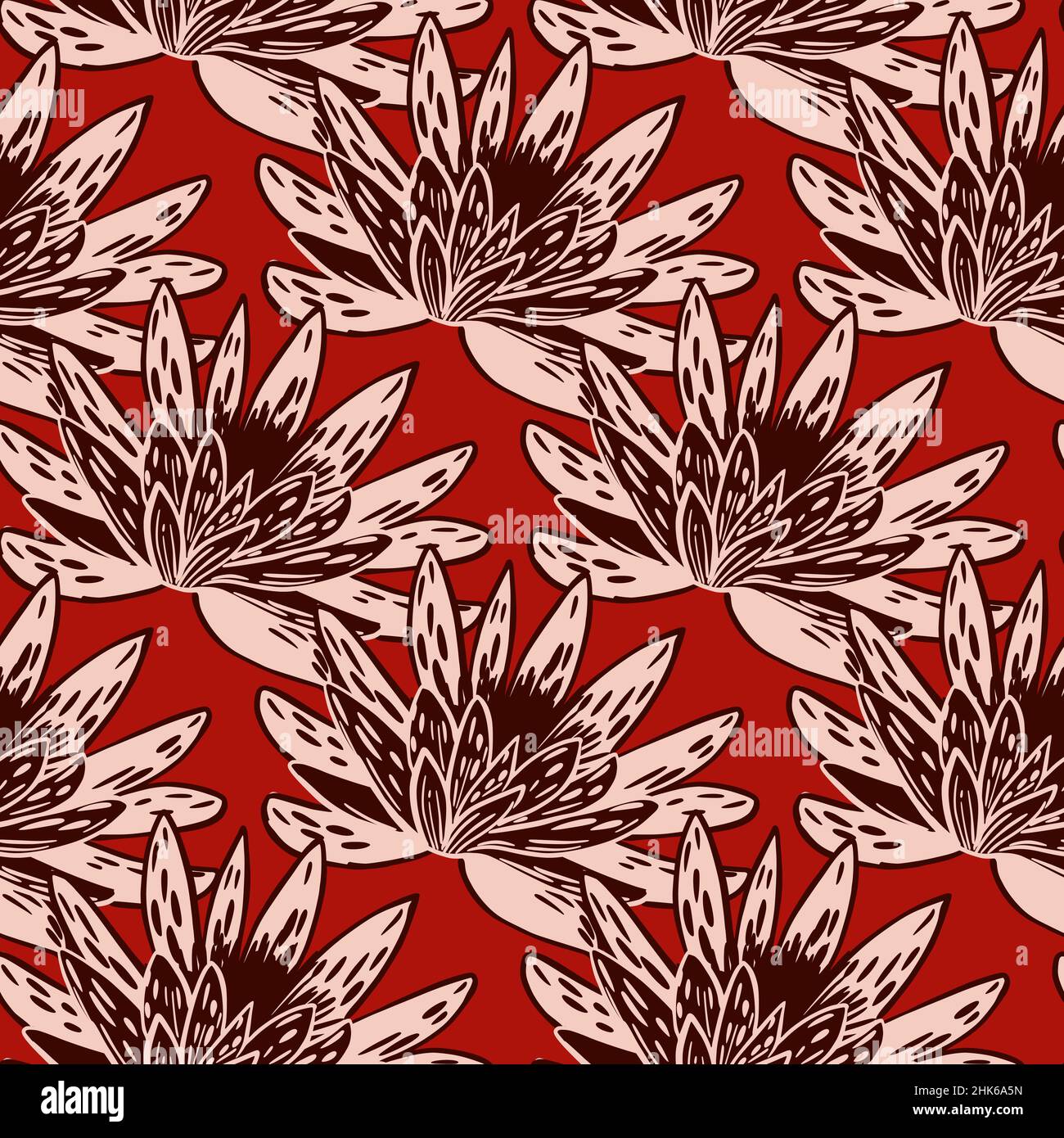 Seamless pattern with hand drawing lotus on red background. Vector big ...
