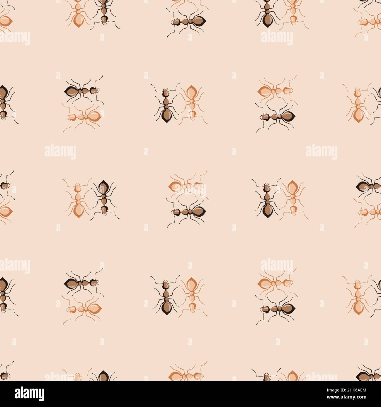Seamless pattern colony ants on beige background. Vector insects template in flat style for any purpose. Modern animals texture for fabric, wrapping p Stock Vector