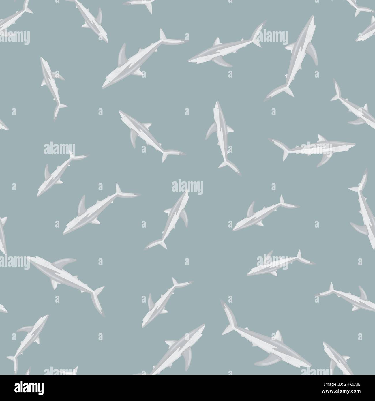 Seamless pattern Blue shark on gray background. Texture of marine fish for any purpose. Random template for textile fabric design. Simple vector ornam Stock Vector