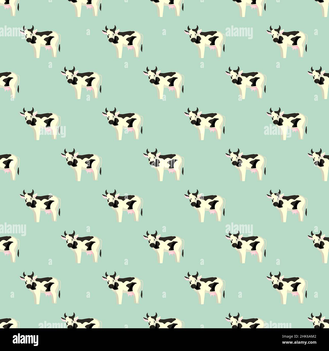 Seamless pattern cow on mint background. Texture of farm animals for