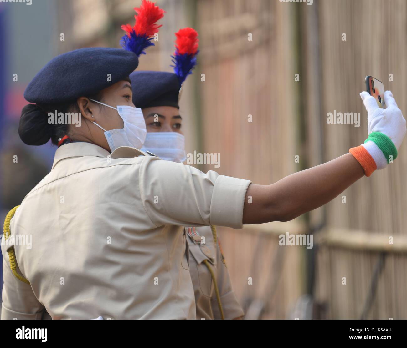 Personnel of different troops are taking photos on the occasion of the 73rd Republic Day celebration at the Assam Rifles ground at Agartala. Tripura, India. Stock Photo