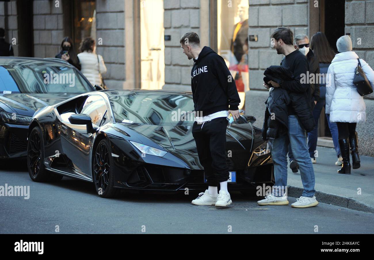 Milan, . 02nd Feb, 2022. Milan, 02-02-2022 Alexis Saelemaekers, 23-year-old  midfielder for Milan and the national team of BELGIUM, arrives in the  center and after having parked his powerful LAMBORGHINI goes shopping.