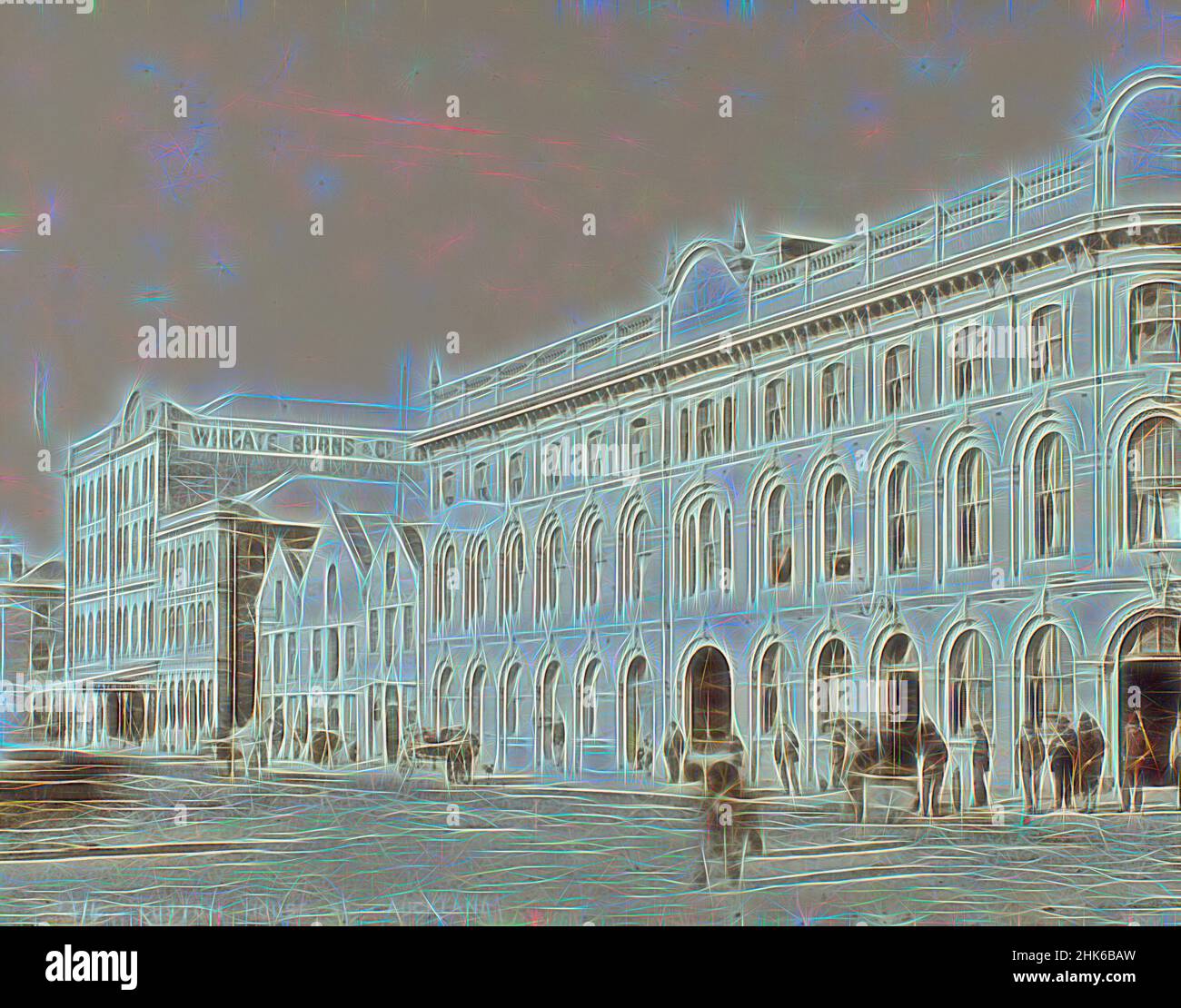 Inspired by Custom House St. - Auckland, Burton Brothers studio, photography studio, 1800s, Dunedin, photography, Reimagined by Artotop. Classic art reinvented with a modern twist. Design of warm cheerful glowing of brightness and light ray radiance. Photography inspired by surrealism and futurism, embracing dynamic energy of modern technology, movement, speed and revolutionize culture Stock Photo