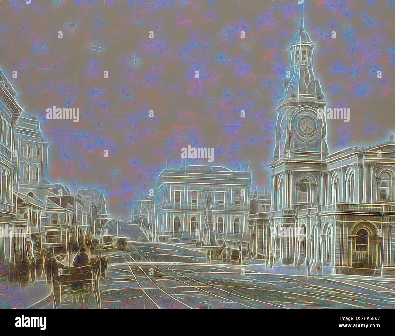 Inspired by Princess St.- Dunedin - Looking North, Burton Brothers studio, photography studio, 1800s, Dunedin, photography, Reimagined by Artotop. Classic art reinvented with a modern twist. Design of warm cheerful glowing of brightness and light ray radiance. Photography inspired by surrealism and futurism, embracing dynamic energy of modern technology, movement, speed and revolutionize culture Stock Photo