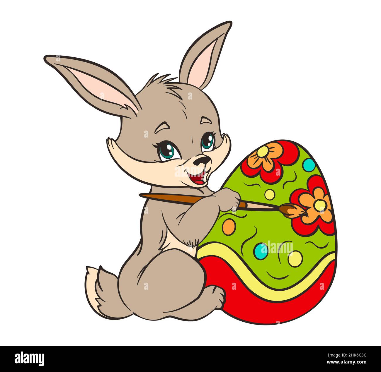 Cute easter bunny painting an easter egg with a brush.Vector illustration in a flat cartoon style Stock Vector