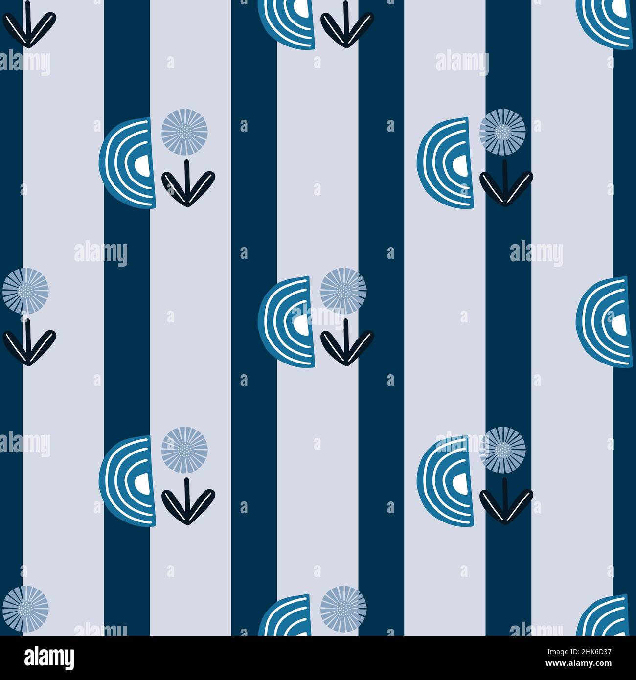 Seamless pattern abstract flowers on striped blue background ...