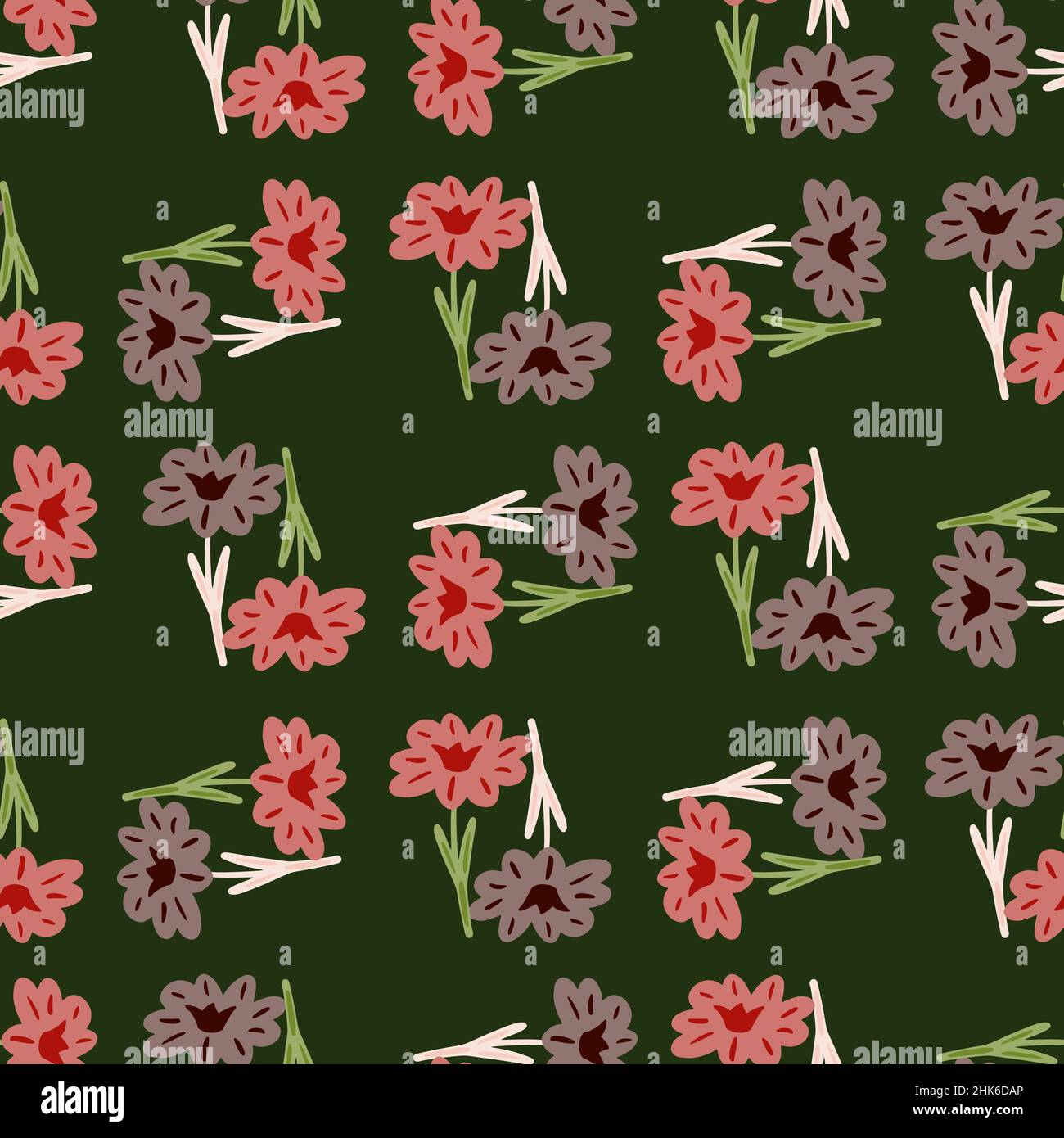 Seamless pattern with hand drawing wild flowers on green background ...
