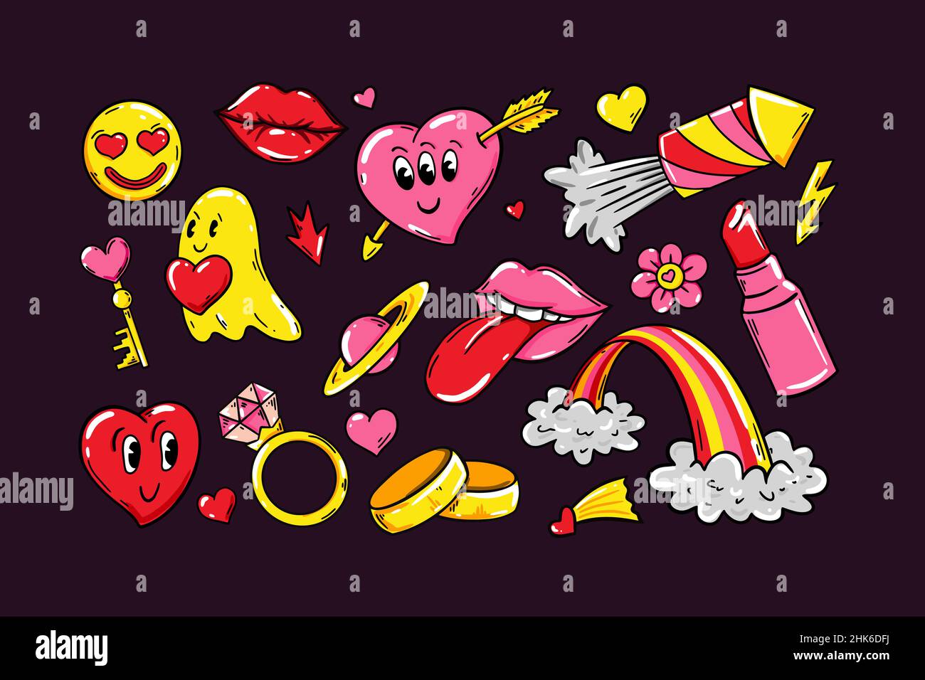 Love Sticker pack with modern weird characters. Vector illustration. Valentines Day design elements Stock Vector