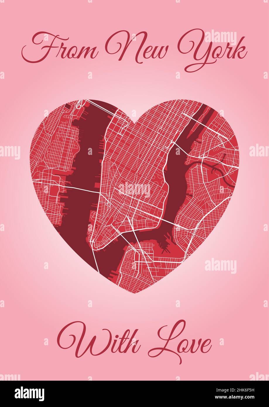 From New York City with love card, city map in heart shape. Vertical A4 Pink and red color vector illustration. Love city travel cityscape. Stock Vector