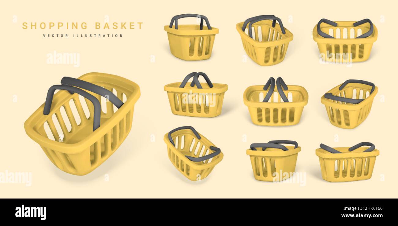 Set of 3d empty yellow shopping baskets. Shopping concept. Vector ...