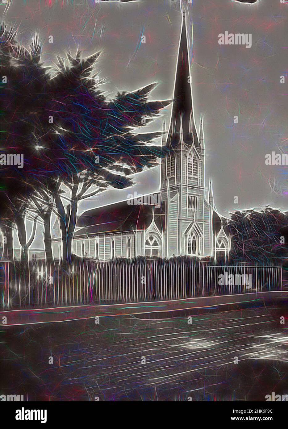 Inspired by St. Augustine's Anglican church, Petone, Muir & Moodie studio, Petone, black-and-white photography, Reimagined by Artotop. Classic art reinvented with a modern twist. Design of warm cheerful glowing of brightness and light ray radiance. Photography inspired by surrealism and futurism, embracing dynamic energy of modern technology, movement, speed and revolutionize culture Stock Photo