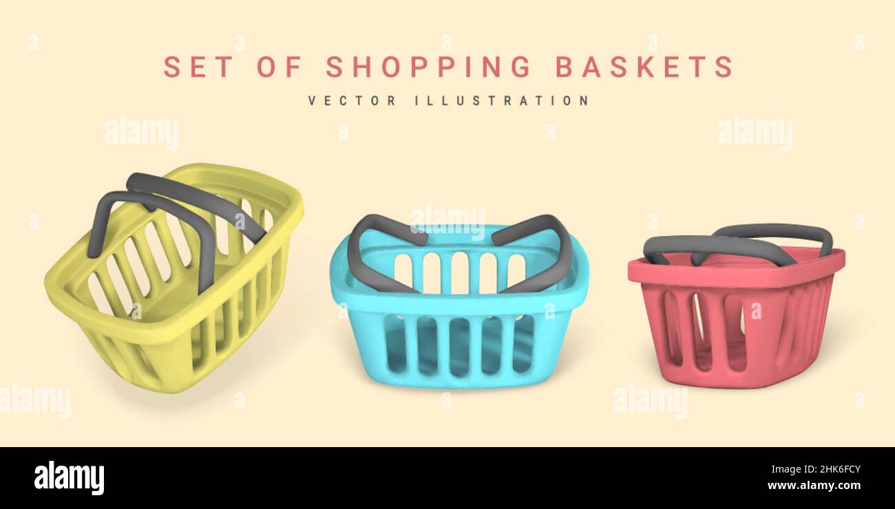 Set of 3d empty blue, red and yellow shopping baskets. Shopping concept ...