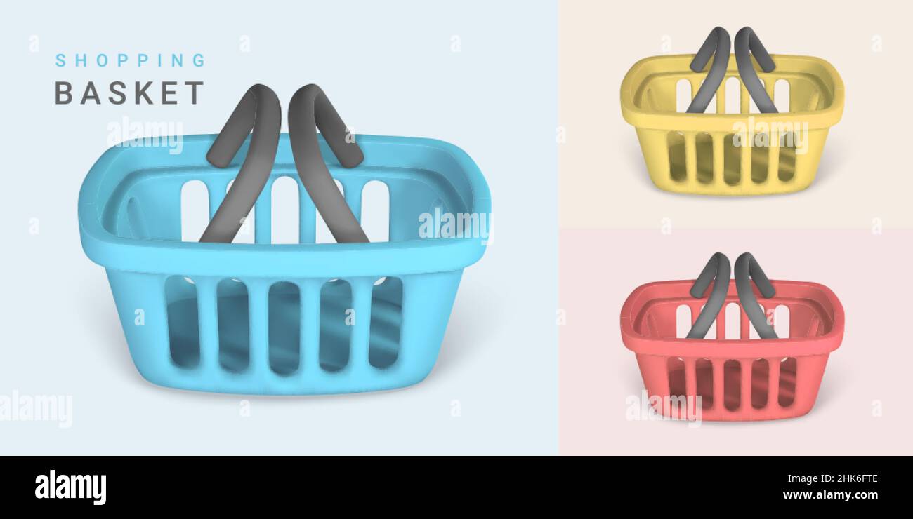 Set of 3d empty blue, red and yellow shopping baskets. Shopping concept. Vector illustration. Stock Vector