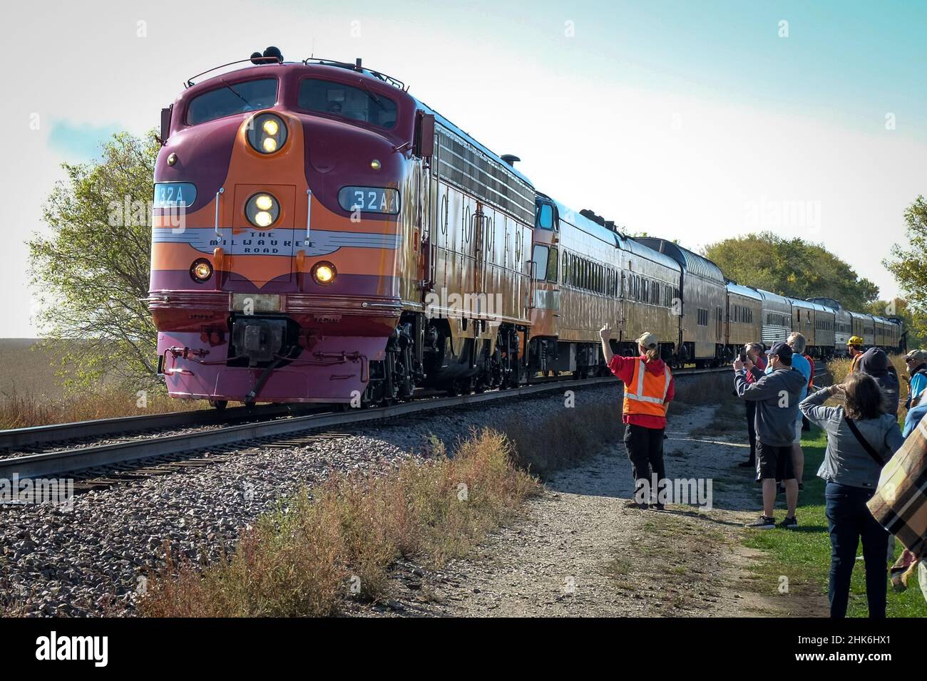 Restored E7 disel locomotive leads an excursion train in Minnesota Stock Photo