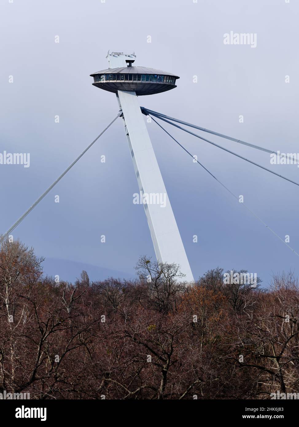 Bridge in Bratislava with UFO restaurant on the hill, Slovakia Stock Photo