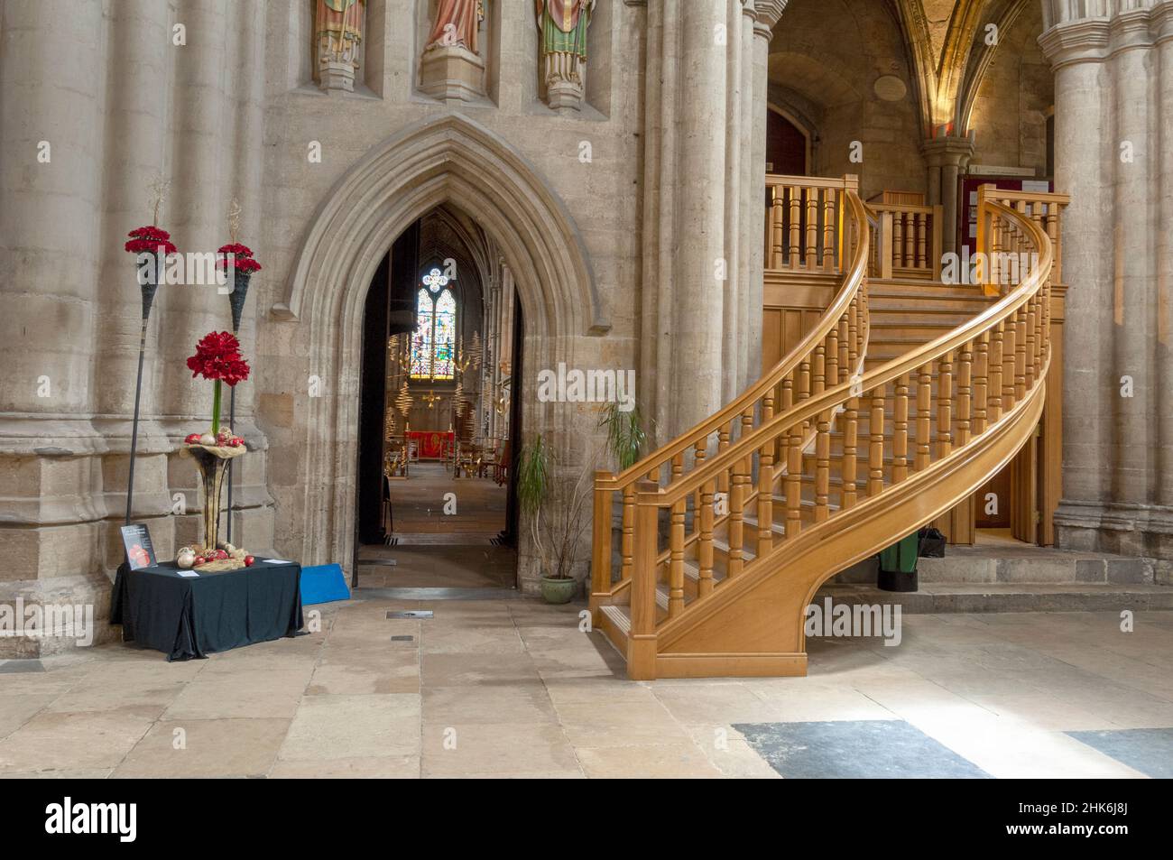 The Cathedral Church of St Peter and St Wilfrid - Ripon Cathedral - North Yorkshire, England, UK - interior view of wooden staircase Stock Photo