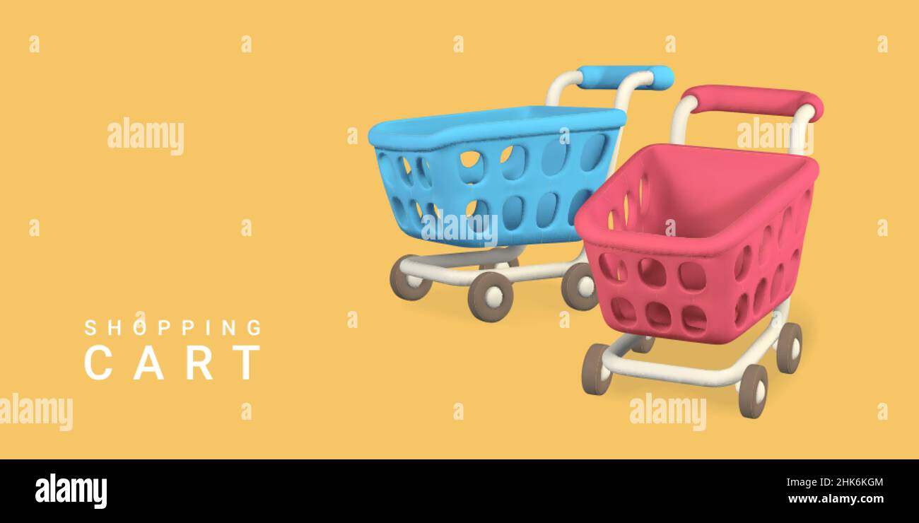 3d empty shopping carts on yellow background. Shopping concept. Vector illustration Stock Vector