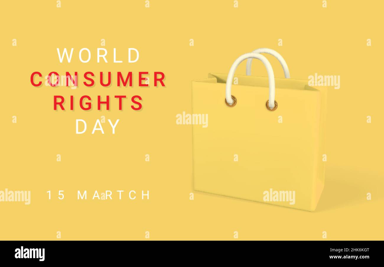 World Consumer Rights Day poster with 3d yellow shopping bag. Vector illustration Stock Vector