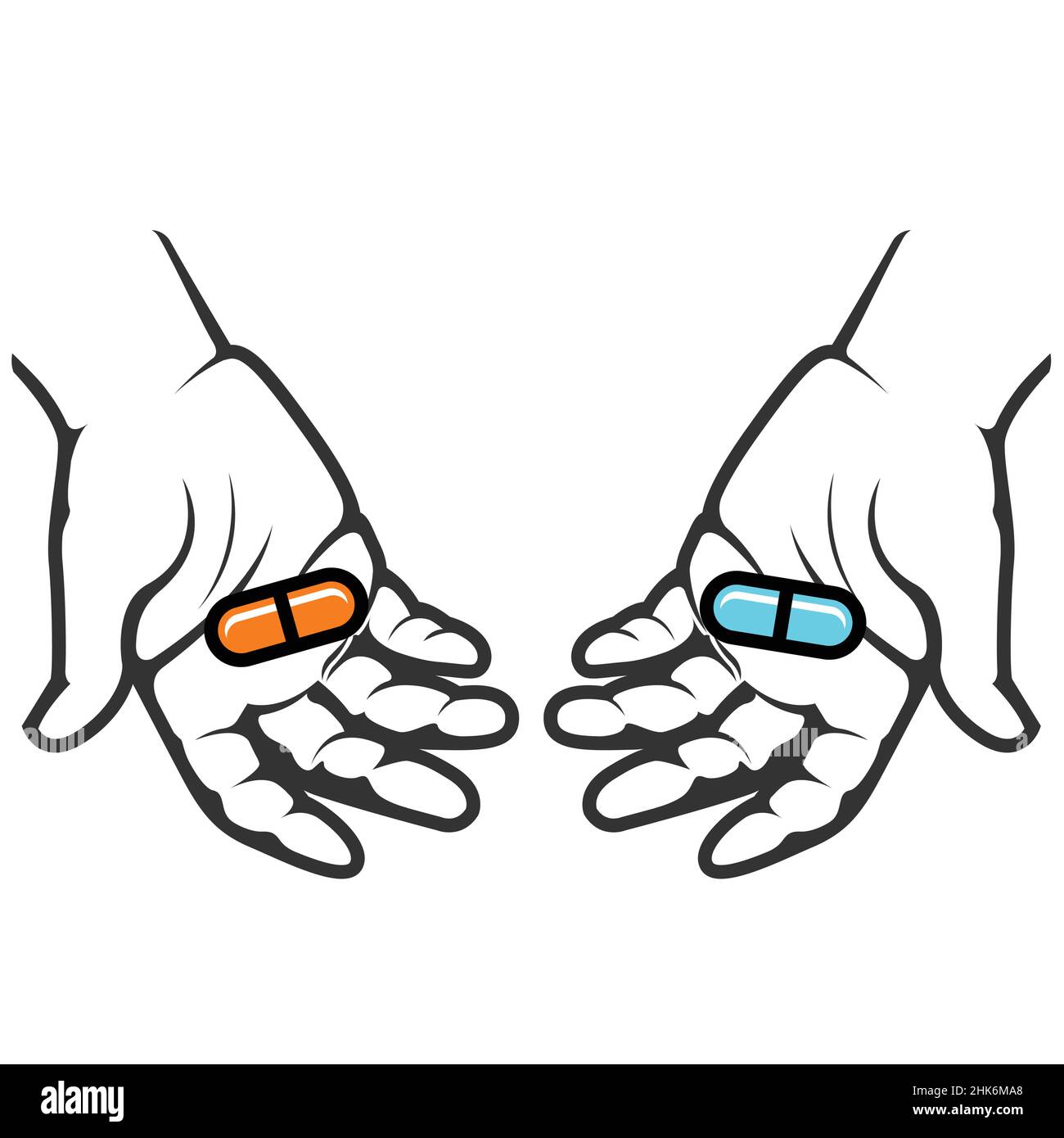 Hands hold red and blue pill, choice and decision-making concept, selecting an option, vector Stock Vector