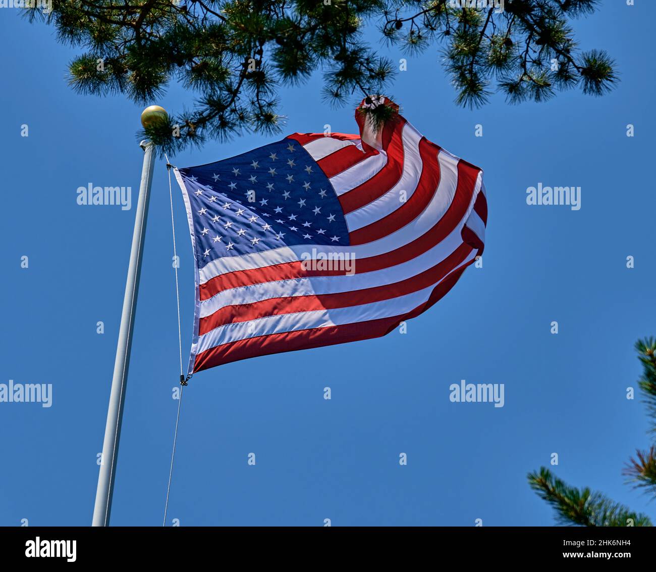 American Flag waving in the wind with a clear blue sky background Stock ...