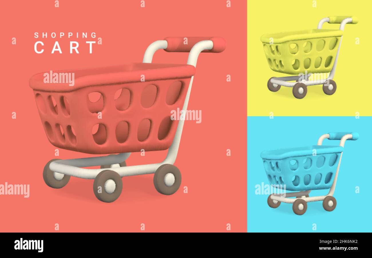 3d empty red, yellow and blue shopping carts. Shopping concept. Vector illustration Stock Vector