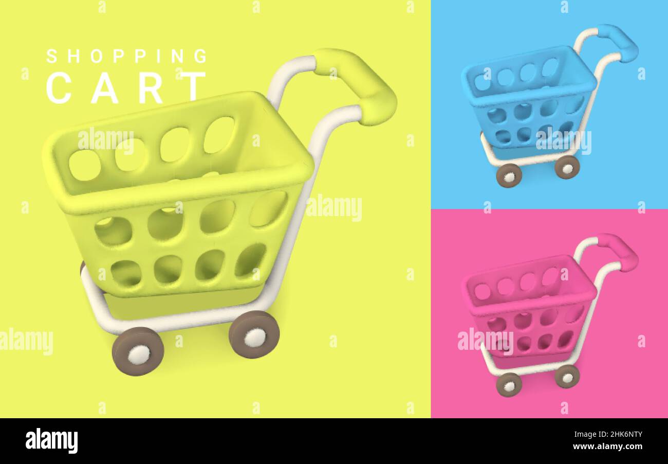 3d empty red, yellow and blue shopping carts. Shopping concept. Vector illustration Stock Vector