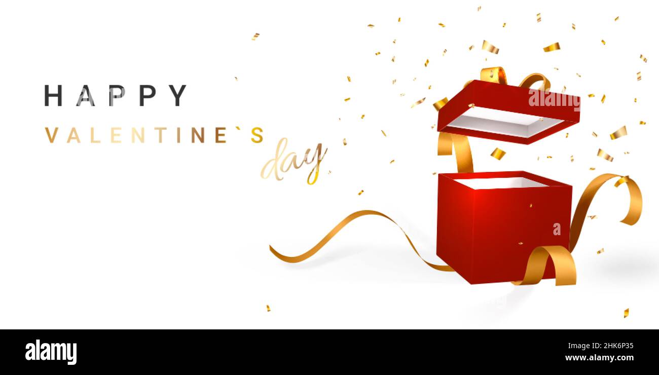 Happy Valentines Day background. 3D realistic gift box with golden ...