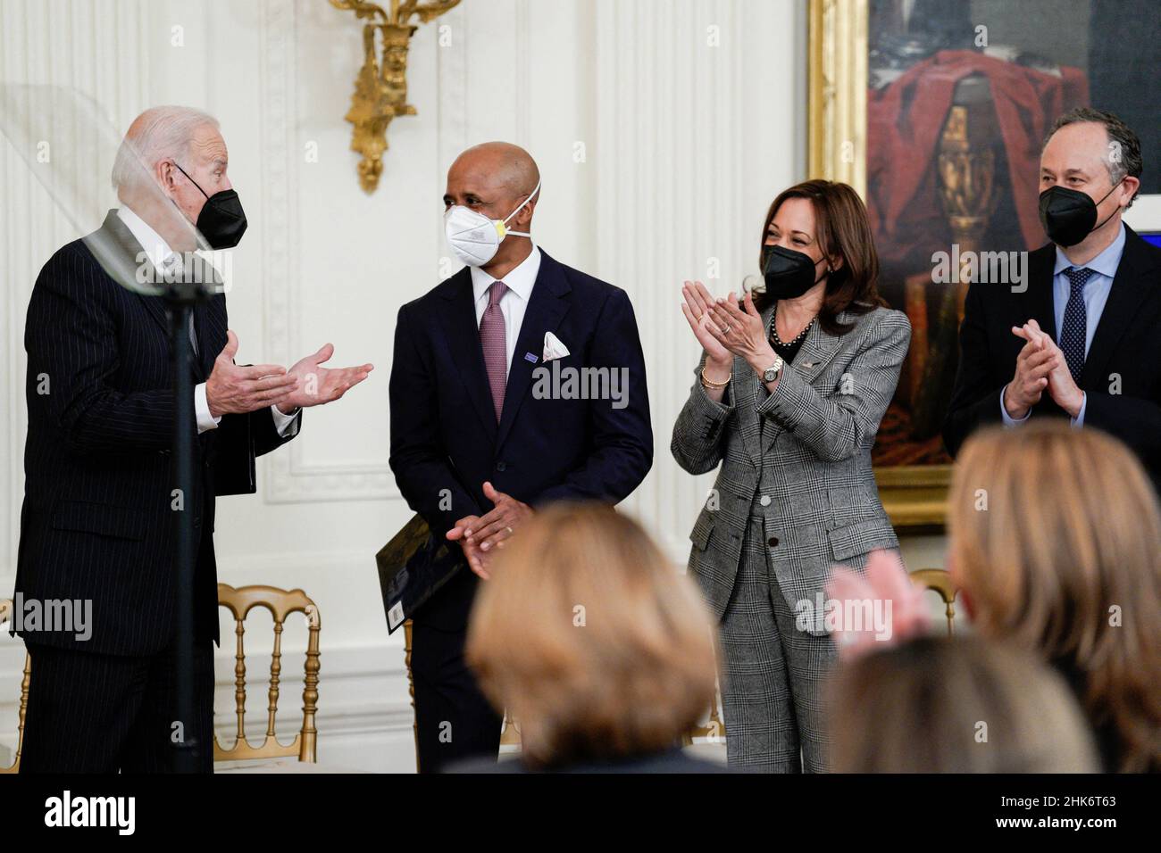 U.S. President Joe Biden, Dr. Edjah Nduom, Associate Professor, Department of Neurosurgery, Emory University School of Medicine The President, Vice President Kamala Harris and her husband Second Gentleman Douglas Emhoff at an event to reignite the Cancer Moonshot in Washington, USA on February 2, 2022. Photo by Yuri Gripas/ABACAPRESS.COM Stock Photo