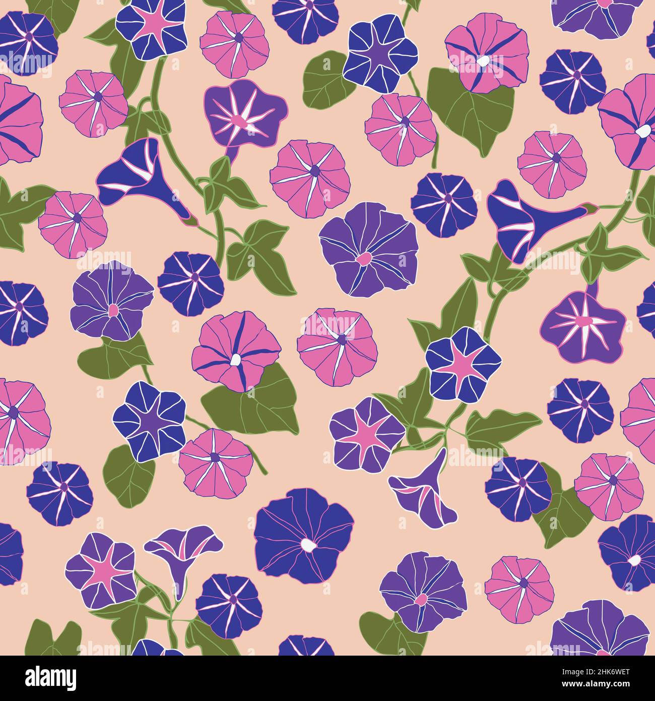 Morning glory flowers seamless pattern. Vintage floral vector illustration. Perfect for textile print, wedding dress, wallpaper and backgrounds. Stock Vector