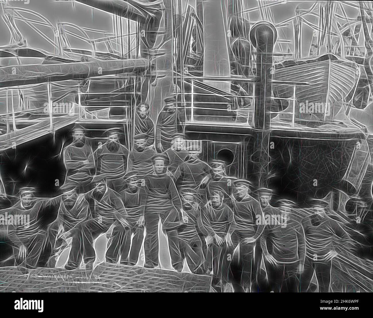 Inspired by Wairarapa - July '84, Burton Brothers studio, photography studio, 1884, New Zealand, black-and-white photography, Crew of large ship on bottom deck. Nineteen men in Union Steamship Company uniform. Funnel and hight deck behind, with longboats on either side, Reimagined by Artotop. Classic art reinvented with a modern twist. Design of warm cheerful glowing of brightness and light ray radiance. Photography inspired by surrealism and futurism, embracing dynamic energy of modern technology, movement, speed and revolutionize culture Stock Photo