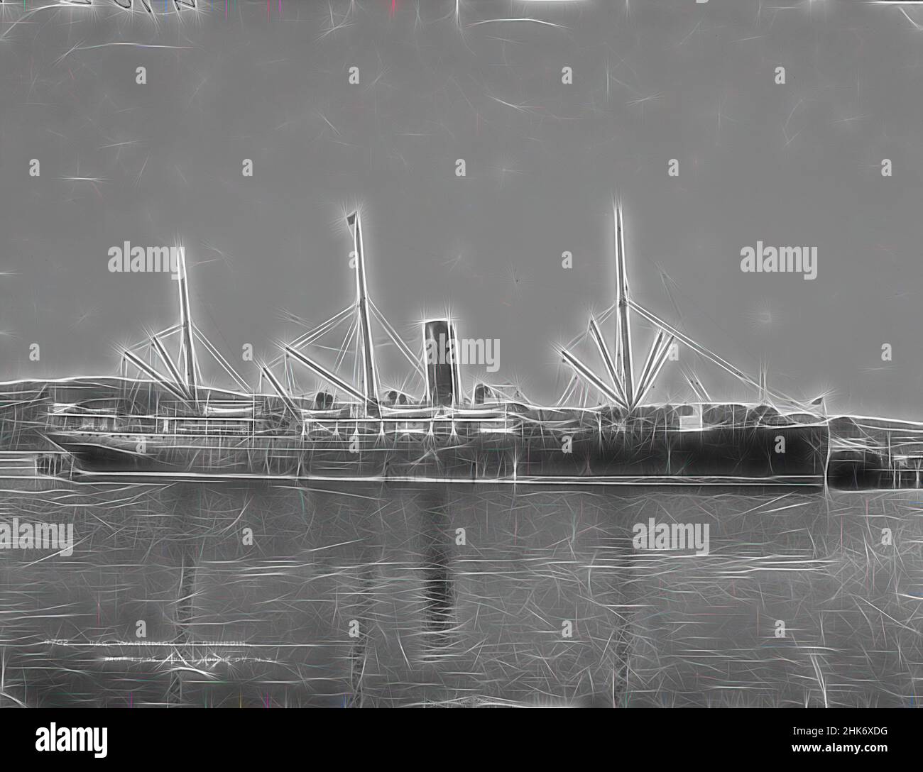 Inspired by U.S.S. Warrimoo at Dunedin, Muir & Moodie studio, photography studio, New Zealand, black-and-white photography, Boat is Union Steam Ship Co's Warrimoo, Reimagined by Artotop. Classic art reinvented with a modern twist. Design of warm cheerful glowing of brightness and light ray radiance. Photography inspired by surrealism and futurism, embracing dynamic energy of modern technology, movement, speed and revolutionize culture Stock Photo