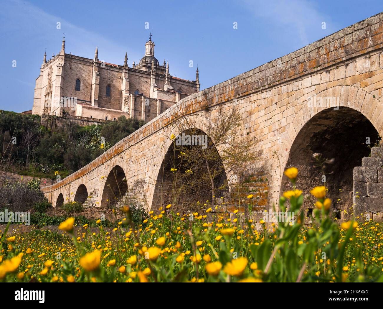 Puente de piedra y Catedral de Santa María de la Asunción. Coria. Cáceres. Extremadura. España Stock Photo