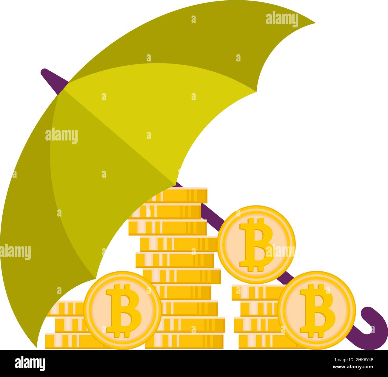 A flat illustration of a pile of bitcoins under an umbrella. Stock Vector