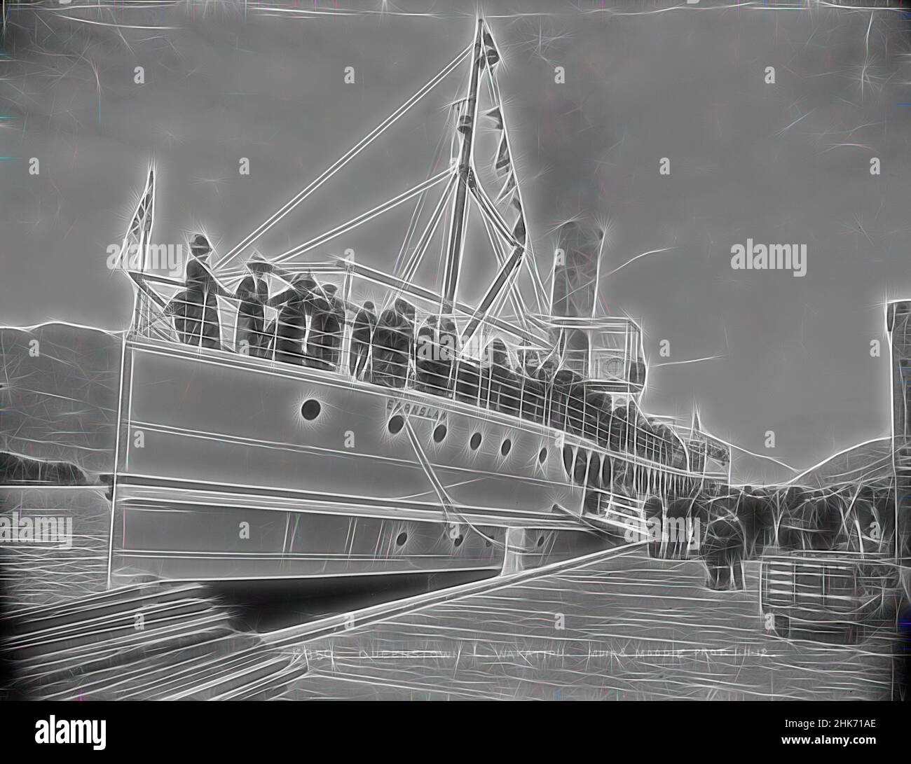 Inspired by Queenstown, Lake Wakatipu, Muir & Moodie studio, photography studio, circa 1912, New Zealand, gelatin dry plate process, Steam boat Earnslaw with passengers on board, Reimagined by Artotop. Classic art reinvented with a modern twist. Design of warm cheerful glowing of brightness and light ray radiance. Photography inspired by surrealism and futurism, embracing dynamic energy of modern technology, movement, speed and revolutionize culture Stock Photo