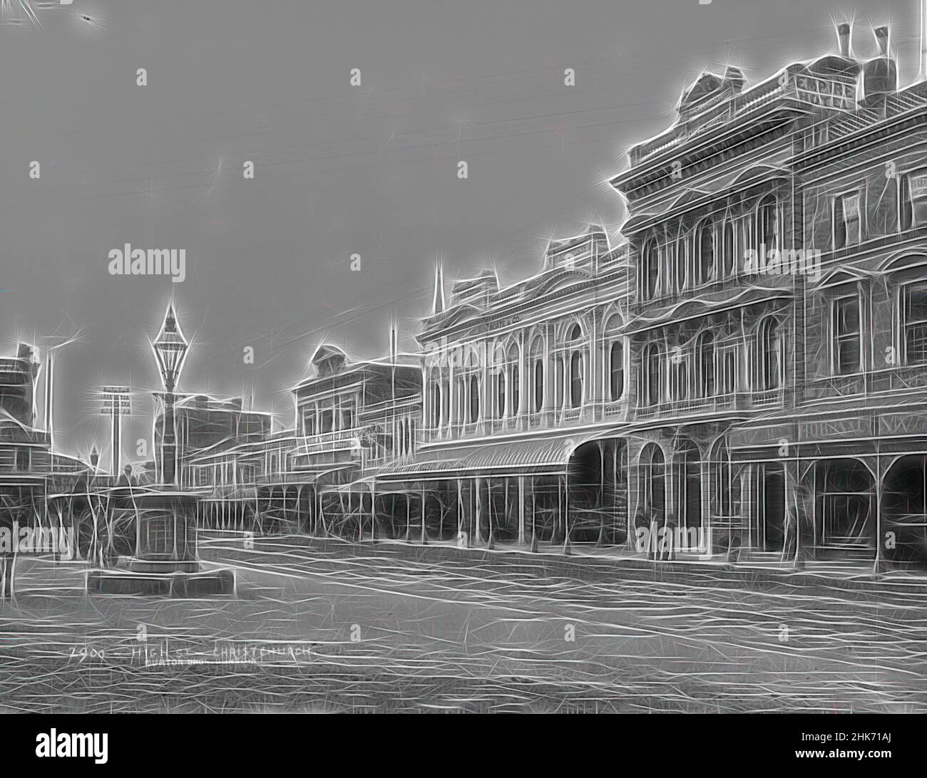 Inspired by High Street, Christchurch, Burton Brothers studio, photography studio, 1880s, Christchurch, gelatin dry plate process, A street scene showing a row of buildings at right, including the Empire Hotel. In the Universal Nelson Moate & Co building a first floor window sign reads [H. Chatteris, Reimagined by Artotop. Classic art reinvented with a modern twist. Design of warm cheerful glowing of brightness and light ray radiance. Photography inspired by surrealism and futurism, embracing dynamic energy of modern technology, movement, speed and revolutionize culture Stock Photo