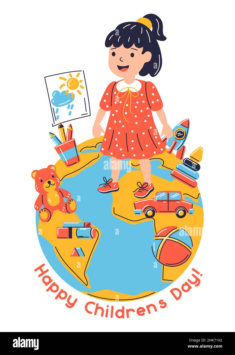 Happy children day greeting card. Illustration of standing on earth smiling girl. Child in cartoon style. Stock Vector