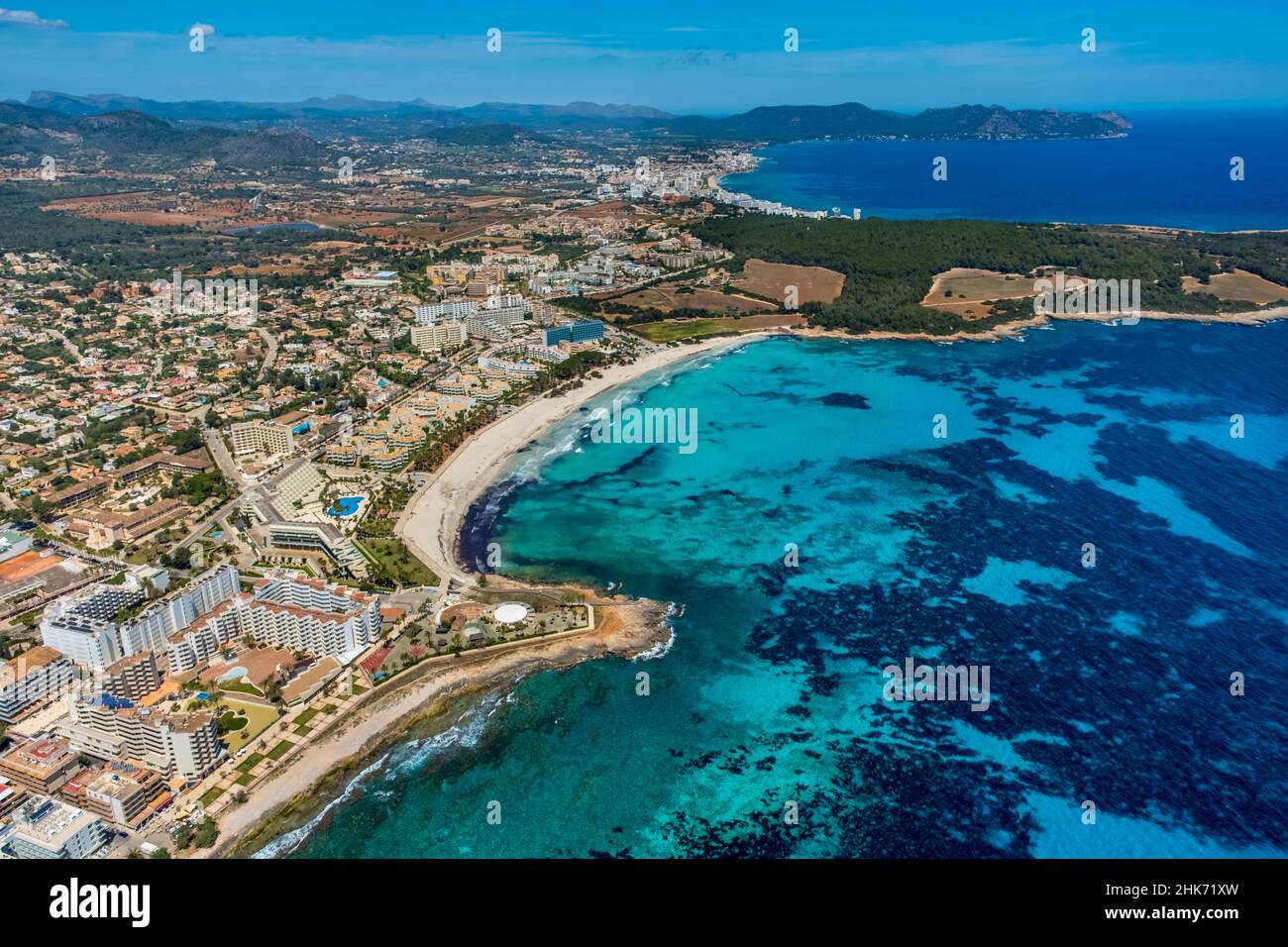 Aerial view, hotel facilities Sa Coma, bay and beach Platja de sa Coma, Mallorca, Europe, Balearic Islands, Spain, Balearic Islands, bay, ES, hotel, h Stock Photo
