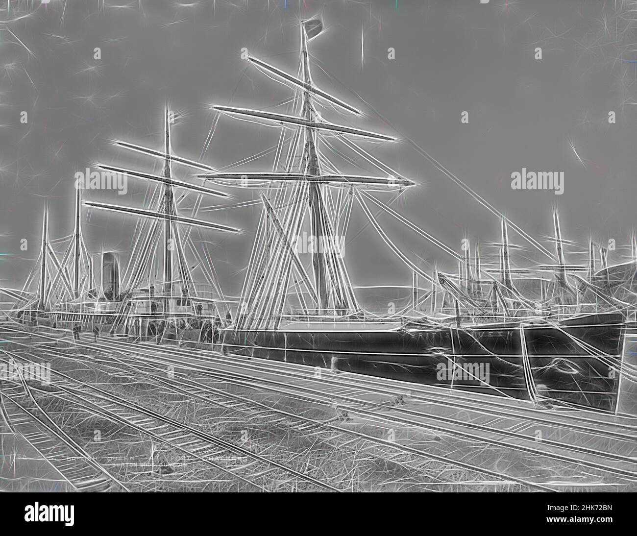 Inspired by S.S. British Queen at Port Chalmers, Burton Brothers studio, photography studio, New Zealand, black-and-white photography, Ship berthed at wharf. Crew on deck posing for photograph, Reimagined by Artotop. Classic art reinvented with a modern twist. Design of warm cheerful glowing of brightness and light ray radiance. Photography inspired by surrealism and futurism, embracing dynamic energy of modern technology, movement, speed and revolutionize culture Stock Photo