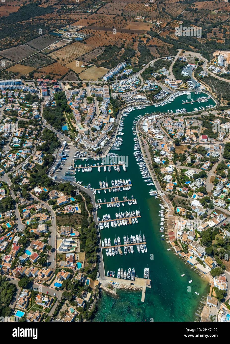 LAerial view, Local view Cala d'Or with marina, Felanitx, Balearic Islands, Majorca, Balearic Islands, Spain, Europe, ES, Travel, Tourism, Destination Stock Photo
