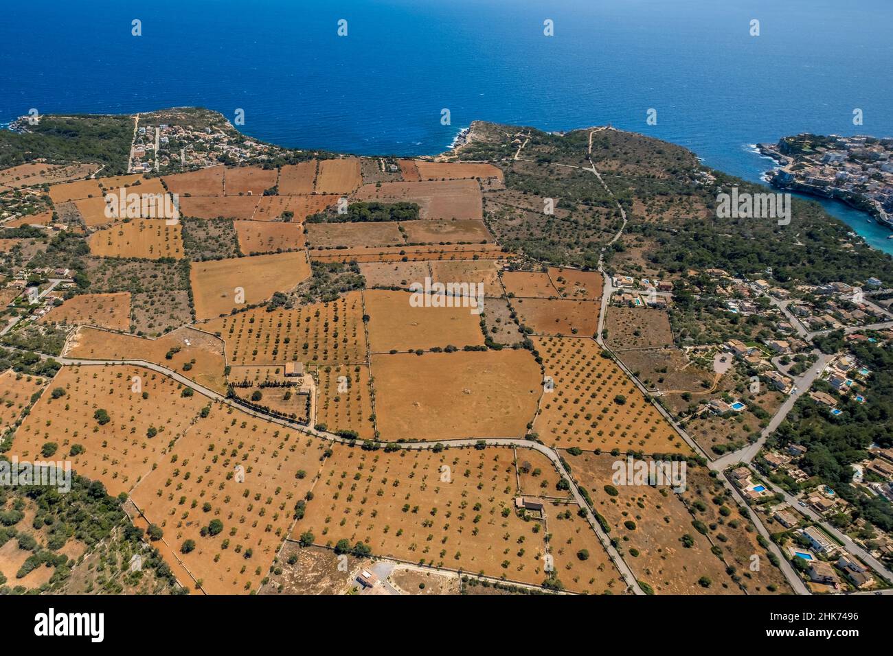 Aerial view, fields and coastline north of Cala Figuera, harbour, fishing port, Santanyí, Europe, Balearic Islands, Spain, ES, travel, tourism, destin Stock Photo