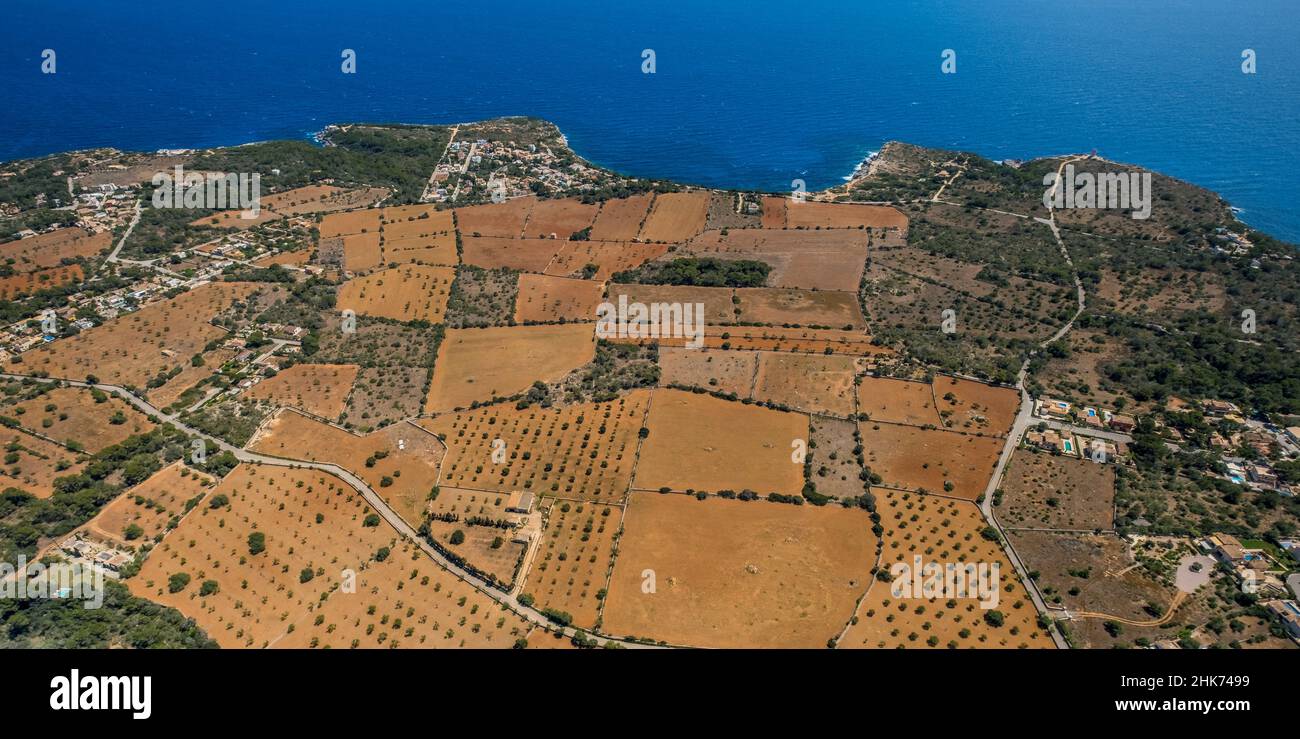 Aerial view, fields and coastline north of Cala Figuera, harbour, fishing port, Santanyí, Europe, Balearic Islands, Spain, ES, travel, tourism, destin Stock Photo