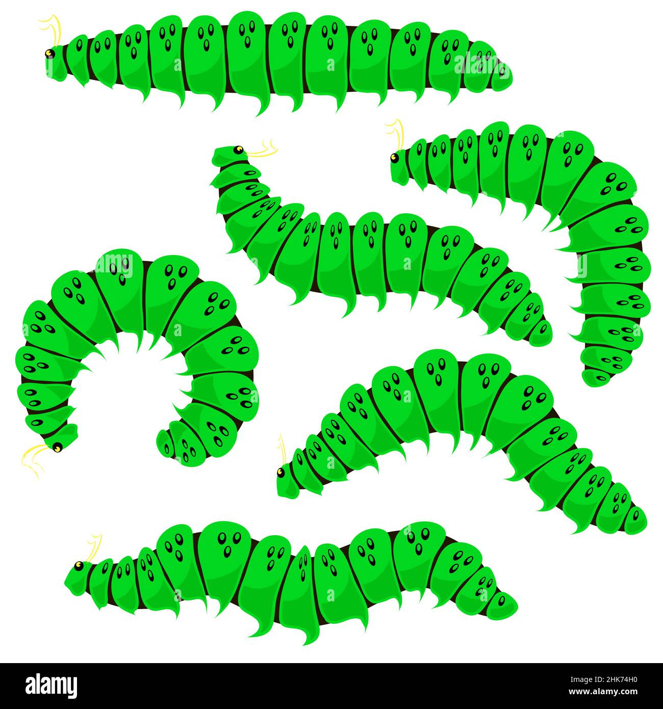Green Cartoon Caterpillars Isolated on White Background. Cute Summer ...